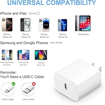 20Watt Iphone Original Power Adapter Compatible with iPhone 14/13/ 12/11/ XS/XR/X/ 8 /iPad,